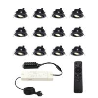 Set met 12 Sienna 12V inbouwspots - 3 Watt 200 lumen - 2700K warm wit - Zwart - IP44 waterdicht - kantelbaar - verandaspots - met afstandsbediening