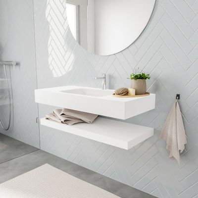 Mondiaz Alan badmeubel 100 cm solid suface planchet talc vrijhangend wastafel midden 1 kraangat wit