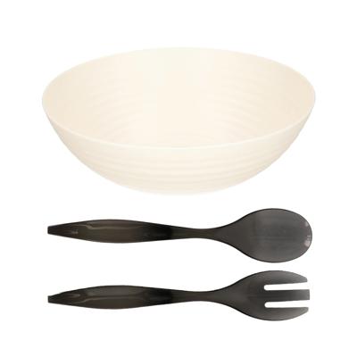 Salade/fruit diepe serveerschaal - wit - kunststof - D27 cm - met sla couvert/bestek - grijs