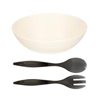 Salade/fruit diepe serveerschaal - wit - kunststof - D27 cm - met sla couvert/bestek - grijs