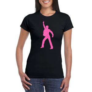 Verkleed T-shirt voor dames - disco - zwart - roze glitter - jaren 70/80 - carnaval/themafeest