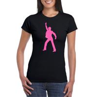 Verkleed T-shirt voor dames - disco - zwart - roze glitter - jaren 70/80 - carnaval/themafeest - thumbnail