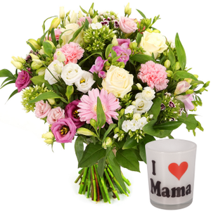 Moederdag boeket wit roze + waxinelichtje I love mama