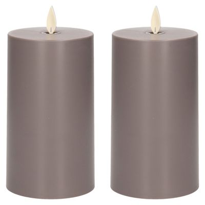 2x Antraciet grijze outdoor LED kaarsen / stompkaarsen met bewegende vlam en timer 16 cm