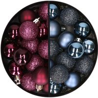 34x stuks kunststof kerstballen aubergine paars en donkerblauw 3 cm - thumbnail