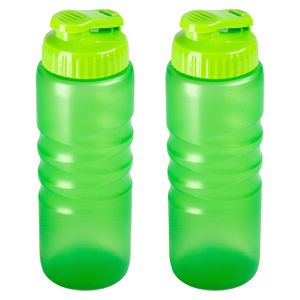 Drinkfles/waterfles/bidon met druksluiting - 2x stuks - 650 ml - transparant/groen - kunststof