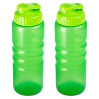 Drinkfles/waterfles/bidon met druksluiting - 2x stuks - 650 ml - transparant/groen - kunststof - thumbnail