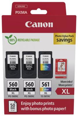 Canon photo value pack 2 x PG-560XL + 1 x CL-561XL, 300 - 400 pagina&apos;s, OEM 3712C012, 4 kleuren
