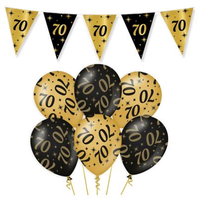 Leeftijd verjaardag feestartikelen pakket - 70 jaar - vlaggetjes / ballonnen - zwart/goud