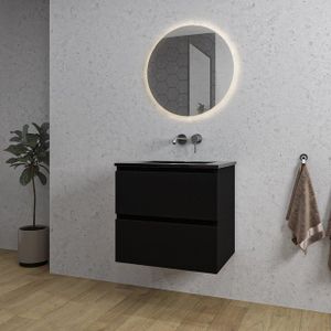 Adema Chaci Badkamermeubelset - 60x46x57cm - 1 keramische wasbak zwart - zonder kraangaten - 2 lades - ronde spiegel met verlichting - mat zwart SW1212760/SW773930/SW108325