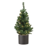 Volle mini kerstboom groen in jute zak met verlichting 60 cm en donkergrijze pot