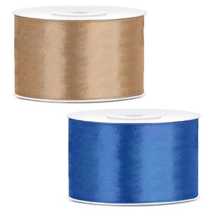 Sierlinten/cadeaulinten/satijnen linten - Set 2x stuks - goud en blauw - 38 mm x 25 meter