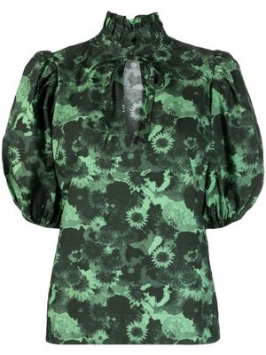 GANNI blouse fleurie à col volanté - Noir