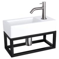 Differnz Ravo fonteinset keramiek - kraan gebogen - met handdoekrek - 38.5 x 18.5 x 9 cm - mat chroom