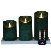 Anna's Collection Oplaadbare LED kaarsen - 3x - donkergroen - oplaadstation - stompkaarsen
