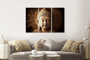 Karo-art Schilderij - Mijmerende Boeddha, 3 luik, 120x80cm  premium print