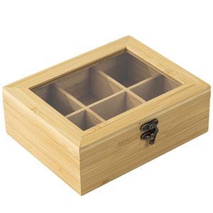 HI theedoos/opbergdoos - 6-vaks - bamboe hout - 21 x 17 x 8 cm   -