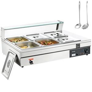 VEVOR RVS buffetverwarmer voedselverwarmer 1500 W, 6 x 13,2 L buffetbakken, 265 x 325 x 150 mm Elke verwarmingsplaat te gebruiken, incl. glazen deksel & aftapkraan & droogbrandindicator, voor kantine, café etc.