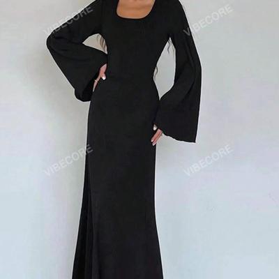 Bon & Bon Brown Square Neck Bodycon Long Dress - Flare Sleeve Mermaid Hem Black / XS