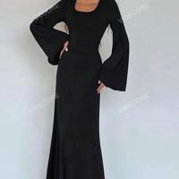 Bon & Bon Brown Square Neck Bodycon Long Dress - Flare Sleeve Mermaid Hem Black / XS