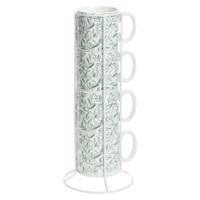 Koffiemokken Botanic - 4x stuks in rekje - Keramiek - lichtgroen - 240 ml - 7 x 8 cm