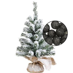 Mini kerstboom besneeuwd - met verlichting bollen zwart - H45 cm