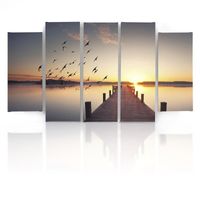 Schilderij , Steiger ,Meer en Vogels , Multikleur ,5 luik , wanddecoratie , Premium print , XXL , 100x150cm - thumbnail