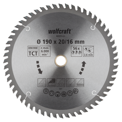 Wolfcraft Handcirkelzaagblad | HM | 56 Zähne | Ø190 x 20/16mm | 1 stuk - 6633000