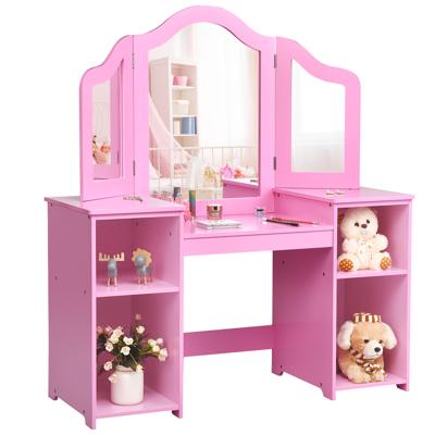 2 in 1 Kaptafel met Uitneembare Spiegel & Open Vakken van Hout voor Kinderen Vanaf 3 Jaar Roze