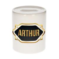 Spaarpot met voornaam Arthur - wit - goud/zwart embleem - 8 x 9 cm - keramiek - afsluitdop