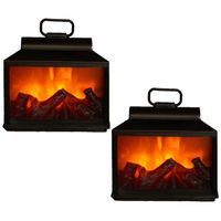 2x stuks sfeerhaarden/open haard lantaarns zwart met led verlichting L18 x B9 x H16 cm - thumbnail