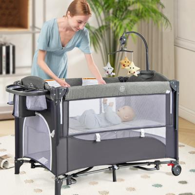 5-in-1 Babybed met Matras & Verschoontafel & Veiligheidsriem & Speelklok & Hangspeelgoed Blauw