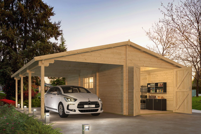 Garage/Carport Berggren 396+369x830 cm- Zadeldak- Onbehandeld vurenhout- Tuindeco
