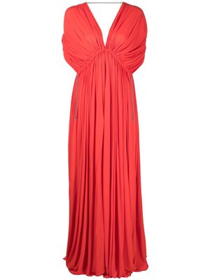 Lanvin robe longue plissée à col v - Rouge