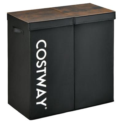 Wasmand met Deksel 115 L Wasverzamelaar 2 Vakken Wasbox van Vliesstof met Handgrepen 62 x 31 x 60 cm (Zwart)
