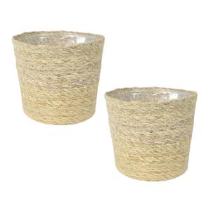 Ter Steege Plantenpot - Set van 4x stuks - beige - gevlochten zeegras - 30 x 26 cm - plastic binnenk