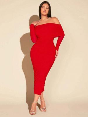 Apricot Off Shoulder Ruched Mesh Bodycon Prom Party Dress Red / XS