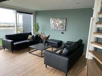Set van 2 leren banken met stalen poten - met hocker en kussens - zwart leer - Echt leer, Modern, ontdek de vele Leersoorten en Kleuren bij ShopX