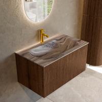Badmeubel Mondiaz Kurve-Dlux | 80 cm | Meubelkleur Walnut | Wastafelkleur Sombra | Solid surface | Wasbak midden spoelbak | 1 kraangat