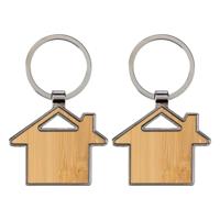 Sleutelhanger met huisje - 2x - bamboe/metaal - 5 x 4 cm - eigen huis/nieuw huis - cadeau housewarmi