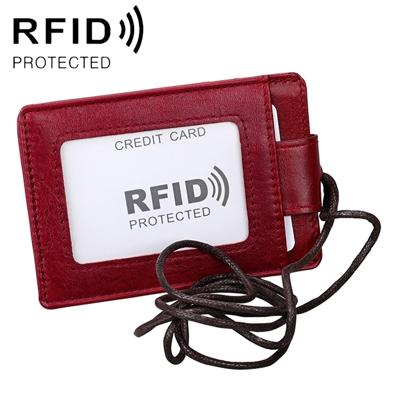 KB153 Antimagnetic RFID Leather Card Holder ID Card Badge with Lanyard (Red)