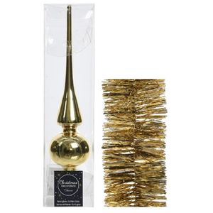 Kerstversiering glazen piek glans 26 cm en folieslingers pakket goud van 2x stuks