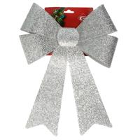 Grote decoratie strik - 42 cm - zilver - glitter - kunststof - kerststrik - thumbnail