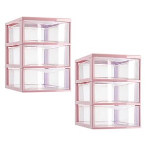 Ladeblokje/bureau organizer - 2x stuks - 3 lades - transparant/roze - L18 x B25 x H25 cm - plastic