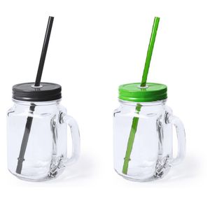 Set van 6x glazen drinkbekers dop/rietje 500 ml zwart/groen