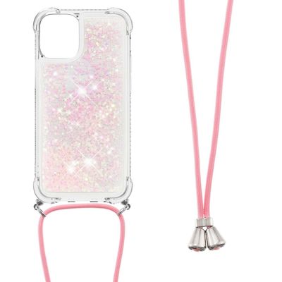 Lunso - Backcover hoes met koord - iPhone 13 Mini - Glitter Rose Zilver