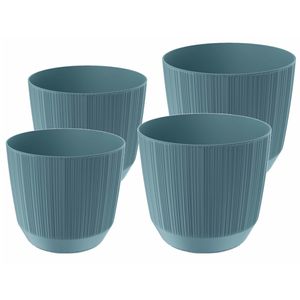 Prosperplast plantenpotten/bloempotten Carf Stripe - blauw - 4x stuks - kunststof - Dia 13 en 17 cm