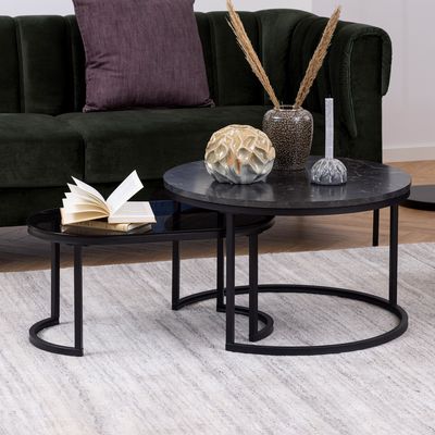 Bendt Salontafel 'Flemming' Set van 2 stuks, Marmerlook en glas, kleur zwart