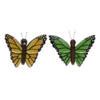 2x magneet hout gele en groene vlinder