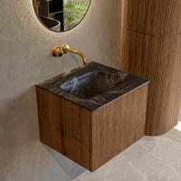 Mondiaz KURVE-DLUX 50 cm Onderkast Greeploos 1 Lade Zonder Deuren Walnut, Wastafel Solid Surface Midden Lava 0 Kraangaten Zonder Spiegel (KRVGRU501L0D0KM-Wal/Lav)